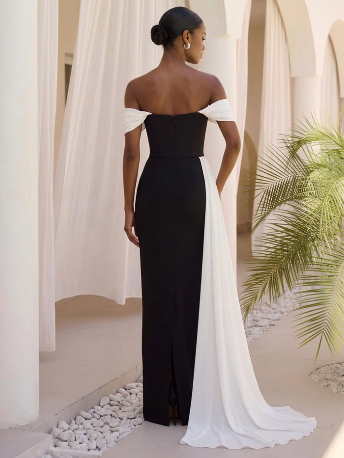 Satin Sheath Off Shoulder Maxi Formal Dresses with Draped Side Sash
