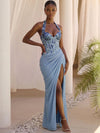 Chiffon Mermaid Halter Maxi Formal Dresses with Floral Embroidery