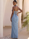 Chiffon Mermaid Halter Maxi Formal Dresses with Floral Embroidery