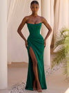 Satin Mermaid Strapless Maxi Formal Dresses with Side Waist Ruched