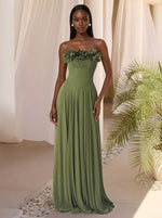 Chiffon A-Line Strapless Maxi Formal Dresses with 3D Flowers