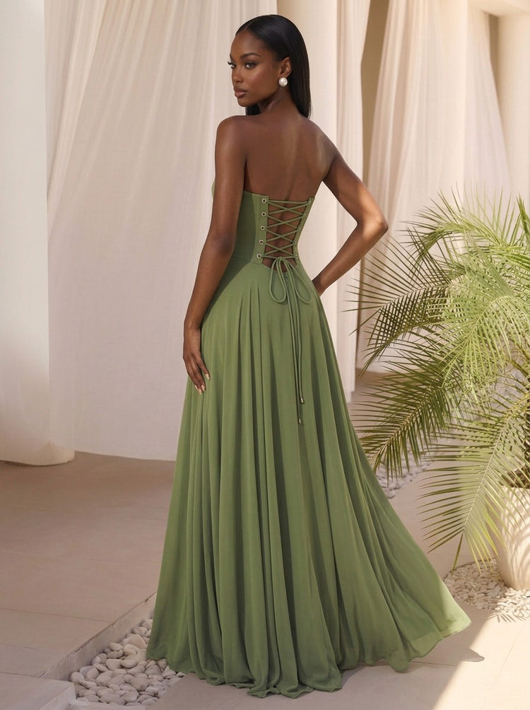 Chiffon A-Line Strapless Maxi Formal Dresses with 3D Flowers