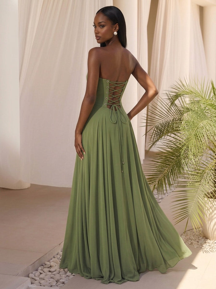 Chiffon A-Line Strapless Maxi Formal Dresses with 3D Flowers