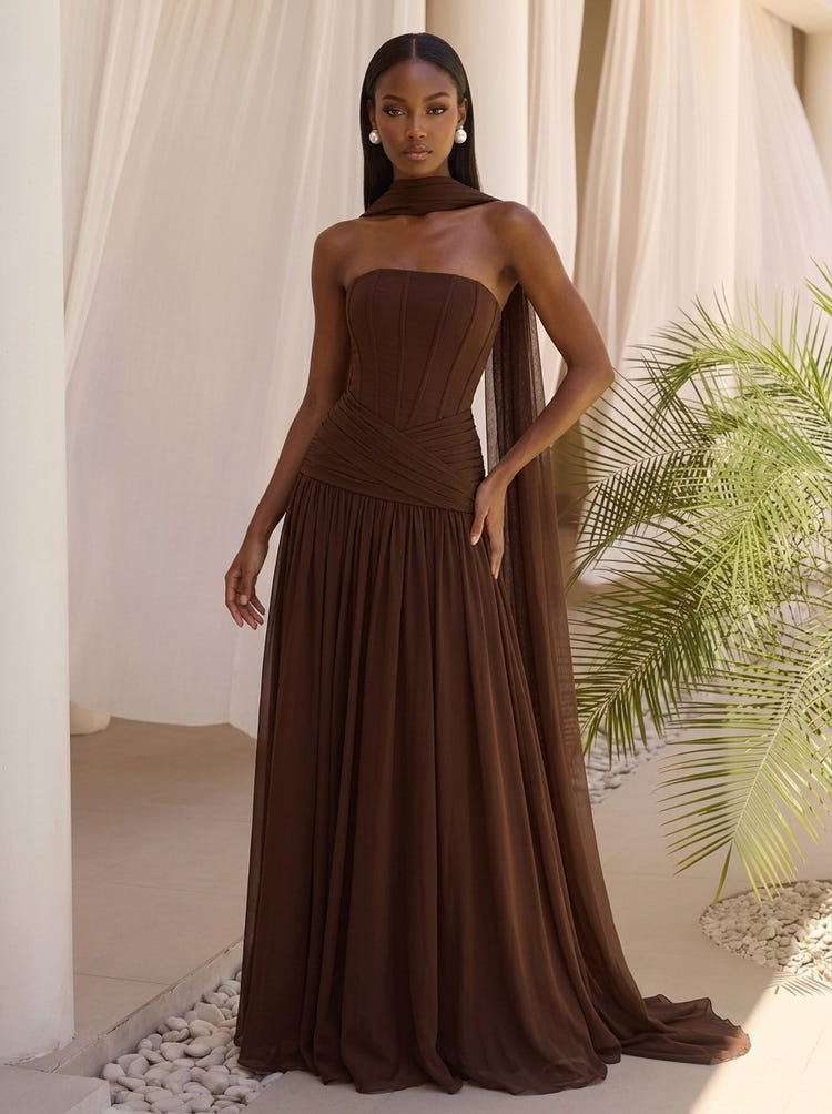 Chiffon A-Line Strapless Maxi Formal Dresses with Delicate Pleated