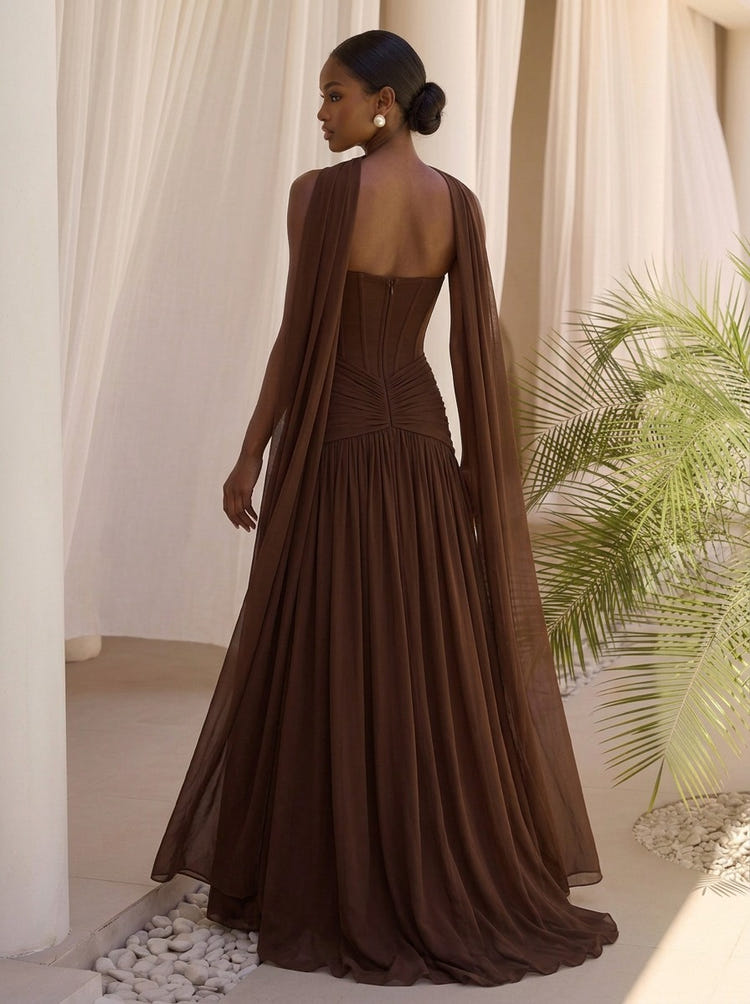 Chiffon A-Line Strapless Maxi Formal Dresses with Delicate Pleated