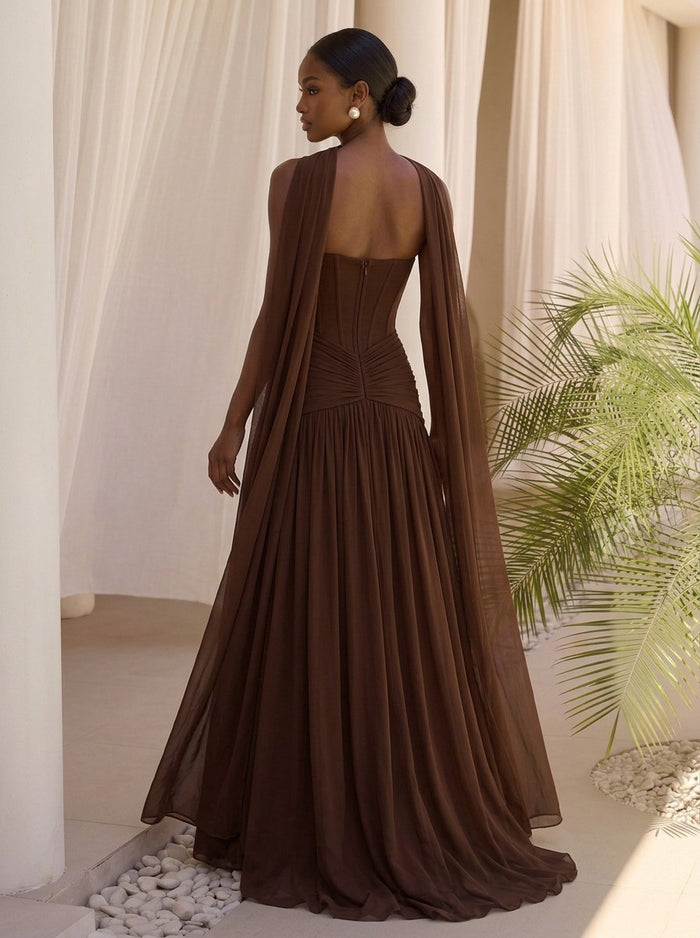Chiffon A-Line Strapless Maxi Formal Dresses with Delicate Pleated