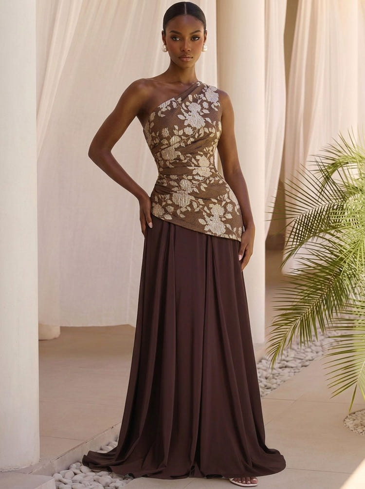 Jacquard A-Line One Shoulder Maxi Formal Dresses with Side Waist Ruched