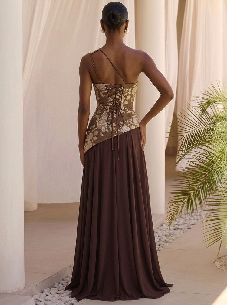 Jacquard A-Line One Shoulder Maxi Formal Dresses with Side Waist Ruched