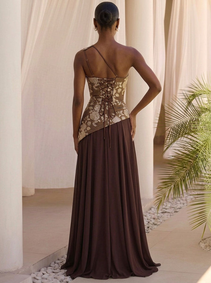 Jacquard A-Line One Shoulder Maxi Formal Dresses with Side Waist Ruched