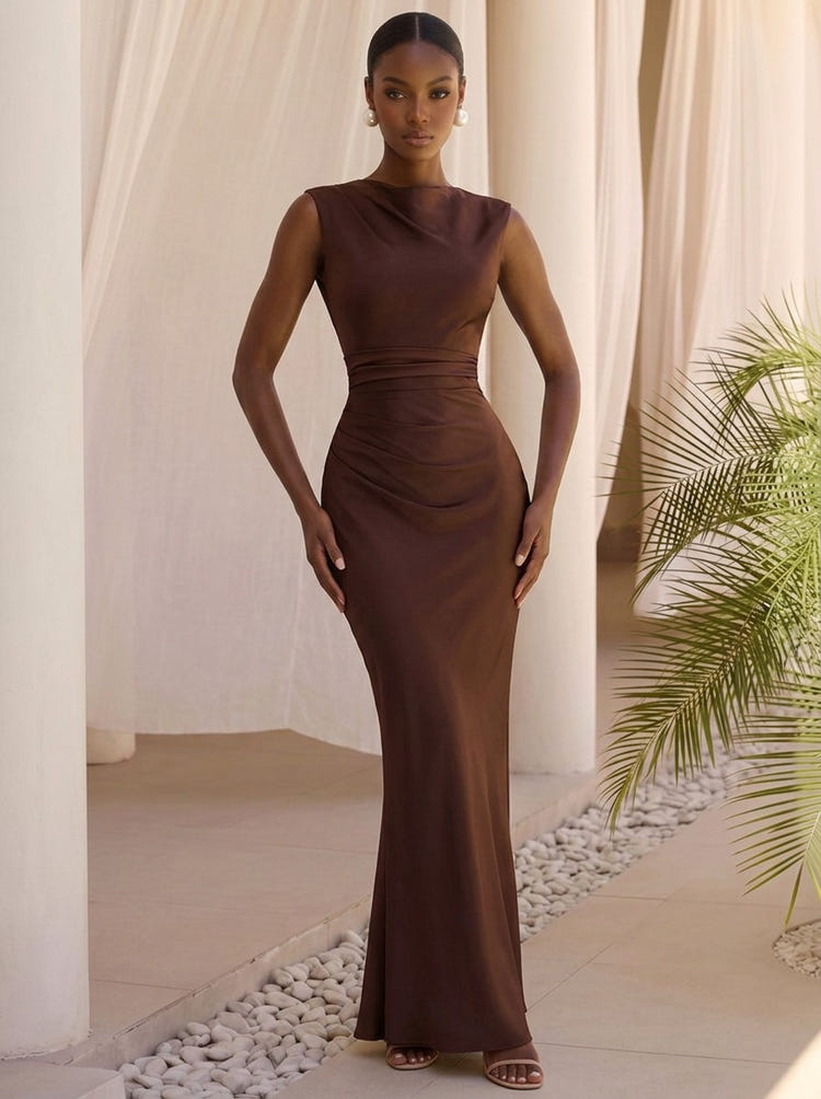Satin Mermaid Crew Neck Maxi Formal Dresses with Ruched