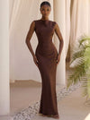 Satin Mermaid Crew Neck Maxi Formal Dresses with Ruched