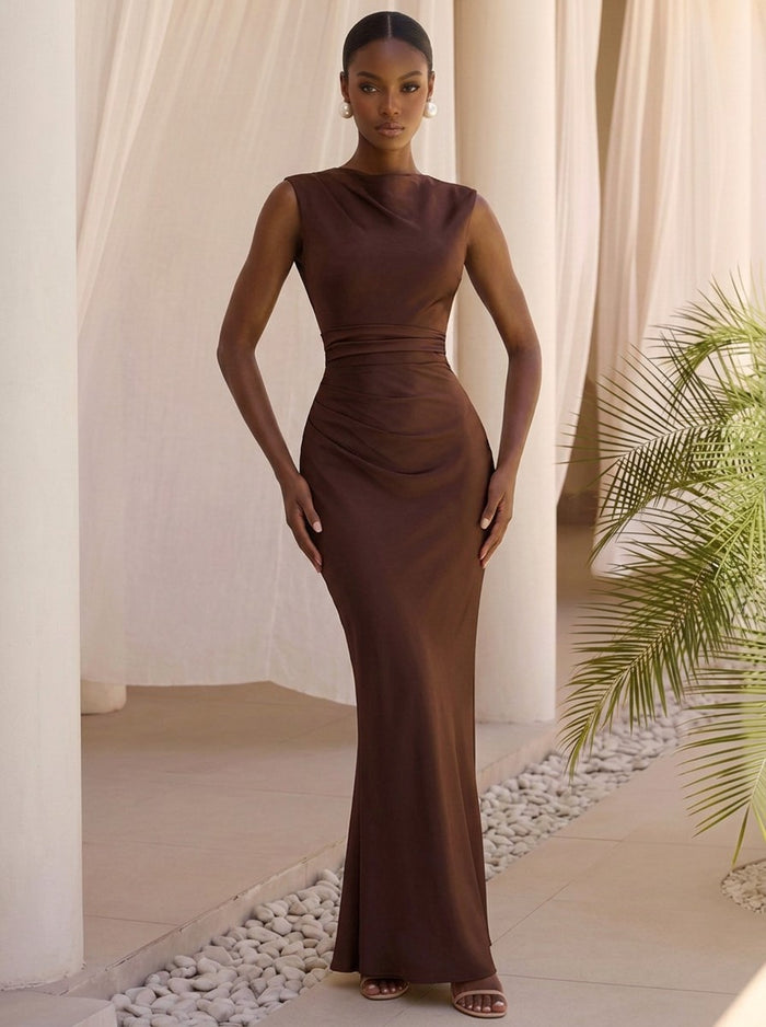 Satin Mermaid Crew Neck Maxi Formal Dresses with Ruched