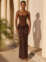 Sequin Mermaid Square Neck Maxi Formal Dresses with Corset Bodice