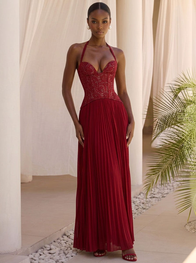 Chiffon A-Line Halter Maxi Formal Dresses with Delicate Pleated