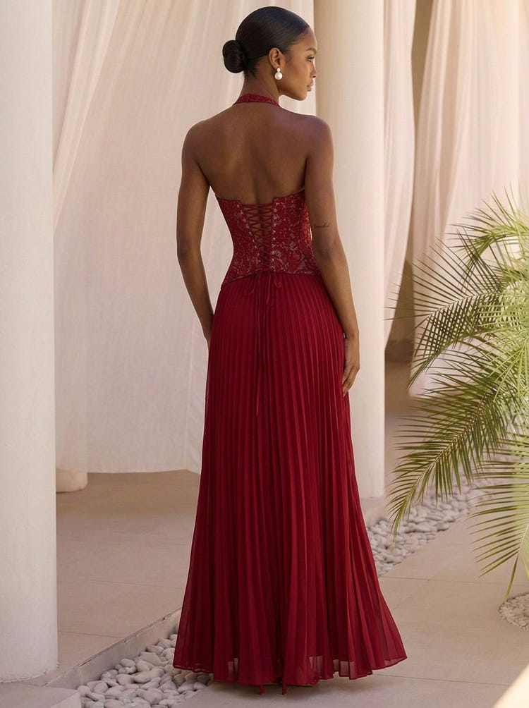 Chiffon A-Line Halter Maxi Formal Dresses with Delicate Pleated