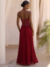 Chiffon A-Line Halter Maxi Formal Dresses with Delicate Pleated