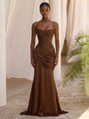 Satin Mermaid Spaghetti Straps Maxi Formal Dresses with Side Waist Ruched