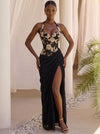Chiffon Mermaid Halter Maxi Formal Dresses with Floral Lace Applique