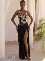Chiffon Mermaid Halter Maxi Formal Dresses with Floral Lace Applique