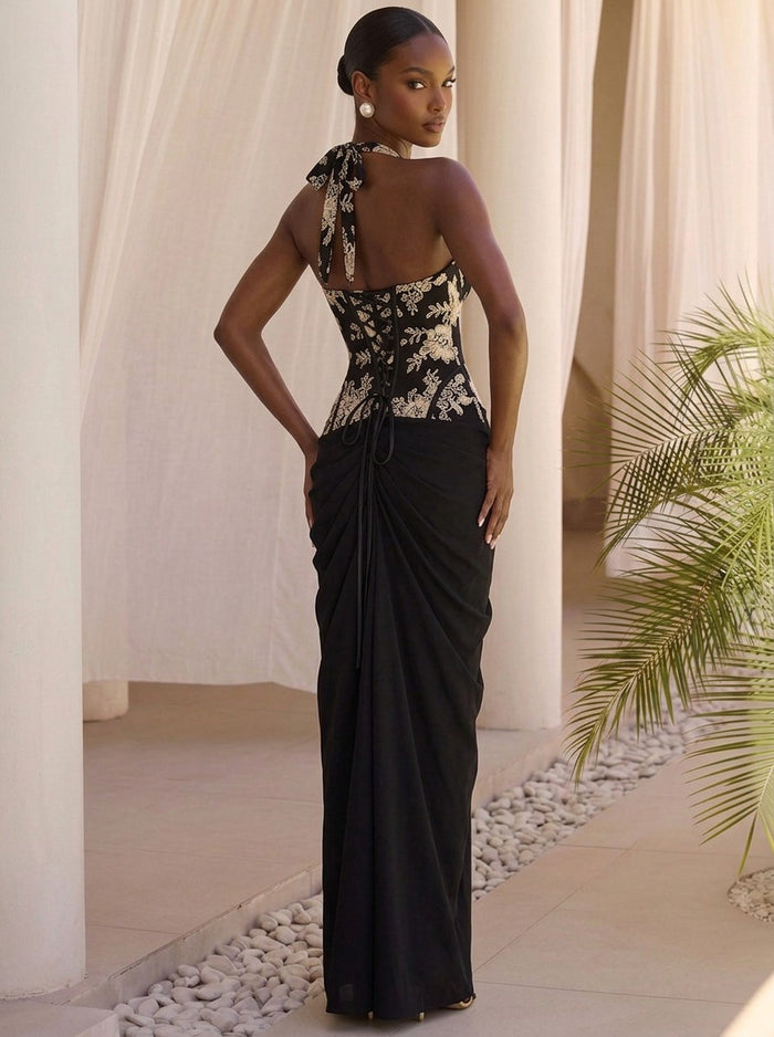 Chiffon Mermaid Halter Maxi Formal Dresses with Floral Lace Applique