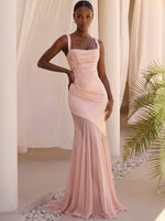 Chiffon Mermaid Square Neck Maxi Formal Dresses with Delicate Mesh Overlay Detail