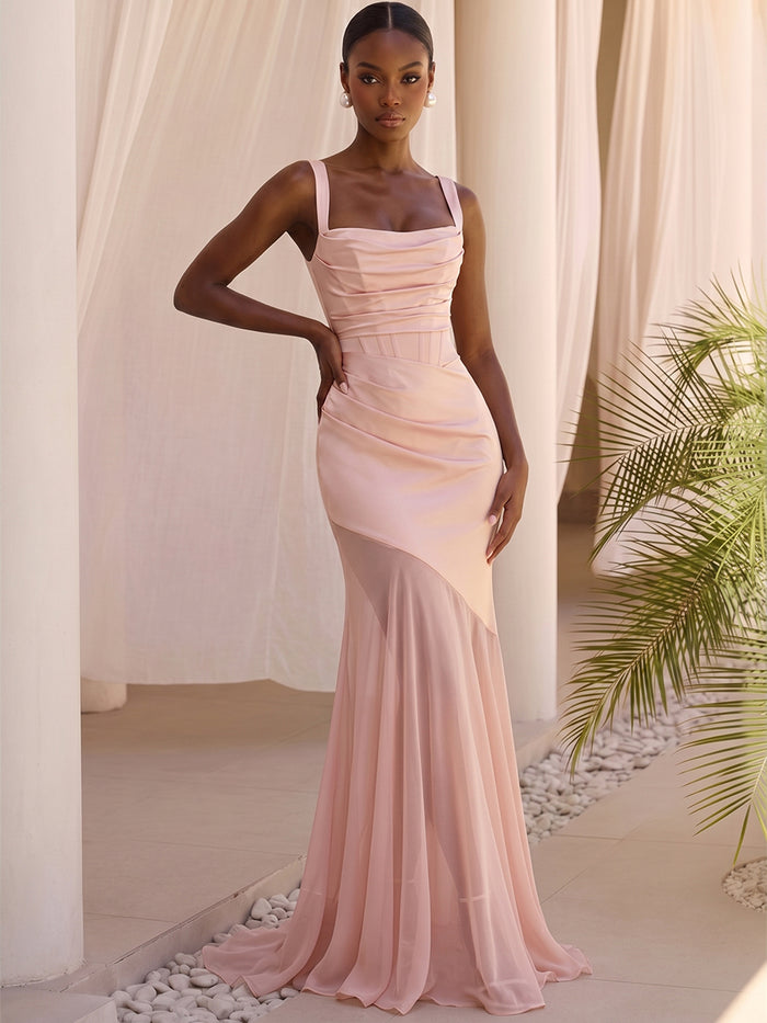 Chiffon Mermaid Square Neck Maxi Formal Dresses with Delicate Mesh Overlay Detail