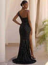 Sequin Mermaid One Shoulder Maxi Formal Dresses with Side Waist Ruched