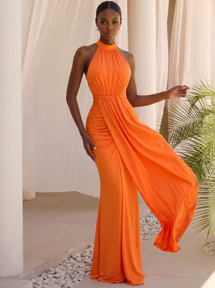 Satin Mermaid Halter Maxi Formal Dresses with Flowing Sash
