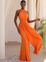 Satin Mermaid Halter Maxi Formal Dresses with Flowing Sash