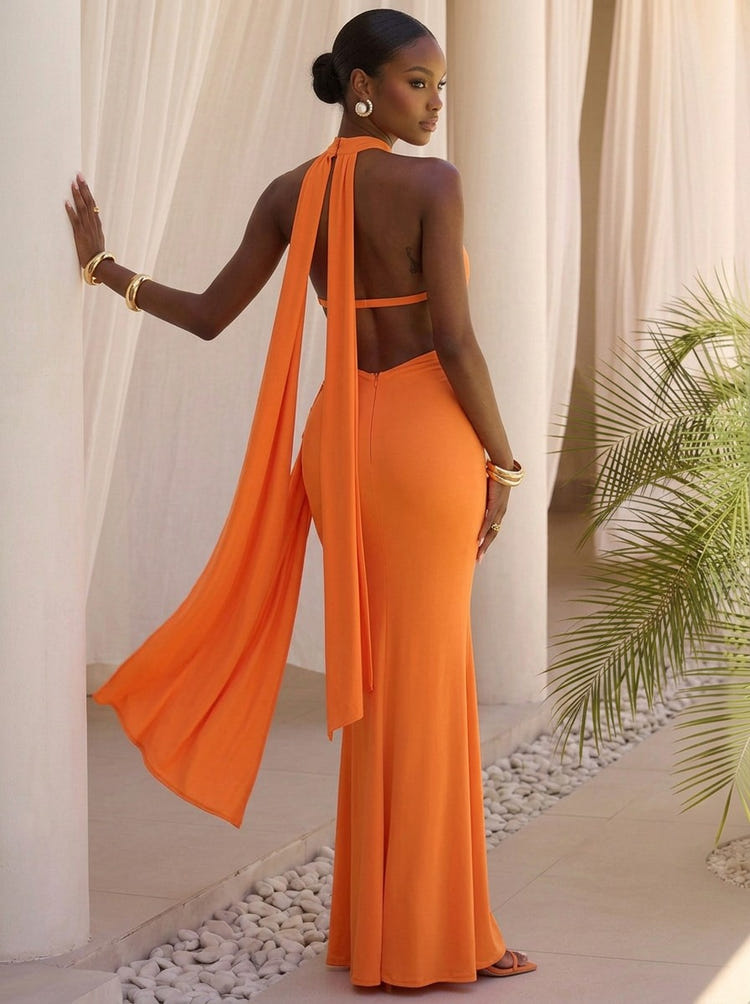 Satin Mermaid Halter Maxi Formal Dresses with Flowing Sash