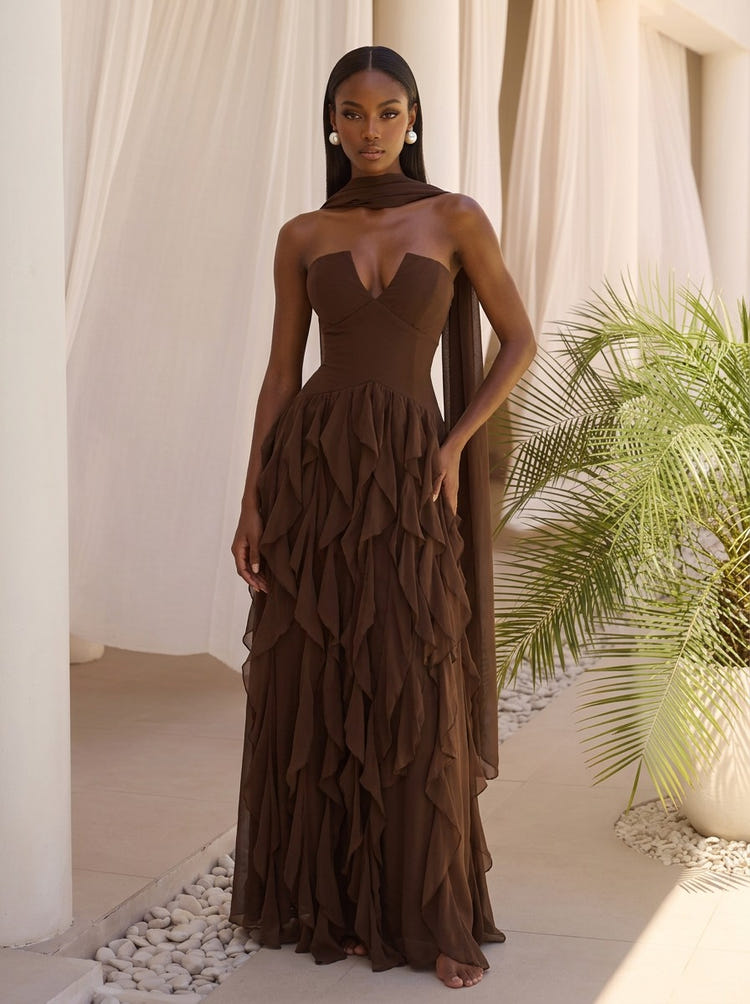 Chiffon A-Line Strapless Maxi Formal Dresses with Scarf