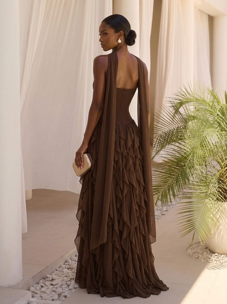 Chiffon A-Line Strapless Maxi Formal Dresses with Scarf