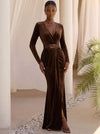 Velvet Mermaid V Neck Maxi Formal Dresses with Sequin Belt