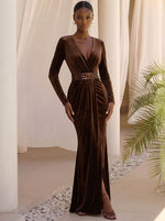 Velvet Mermaid V Neck Maxi Formal Dresses with Sequin Belt