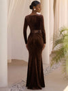 Velvet Mermaid V Neck Maxi Formal Dresses with Sequin Belt