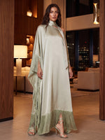 Satin A-Line Halter Maxi Formal Dresses with Fringe