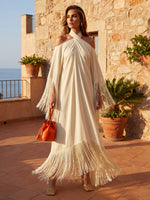 Satin A-Line Halter Cross Wrap Neck Maxi Formal Dresses with Fringe