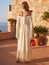 Satin A-Line Halter Cross Wrap Neck Maxi Formal Dresses with Fringe
