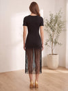 Jersey Bodycon Crew Neck Midi Formal Dresses with Fringe