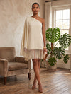 Satin A-Line One Shoulder Midi Formal Dresses with Fringe