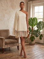 Satin A-Line One Shoulder Midi Formal Dresses with Fringe