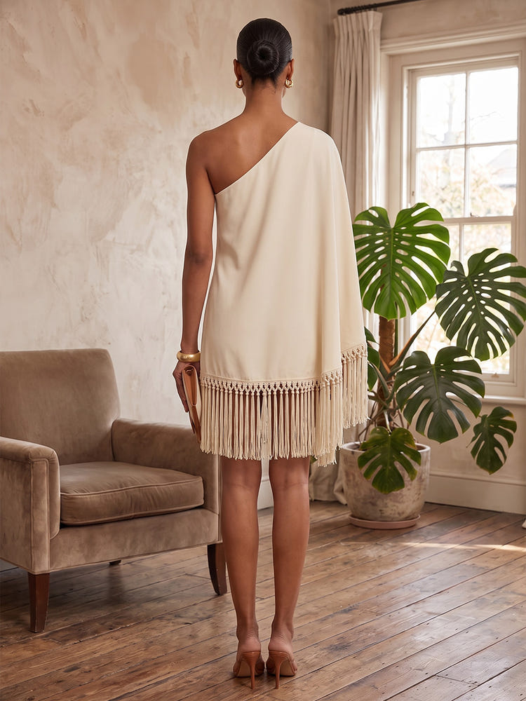 Satin A-Line One Shoulder Midi Formal Dresses with Fringe