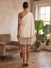 Satin A-Line One Shoulder Midi Formal Dresses with Fringe