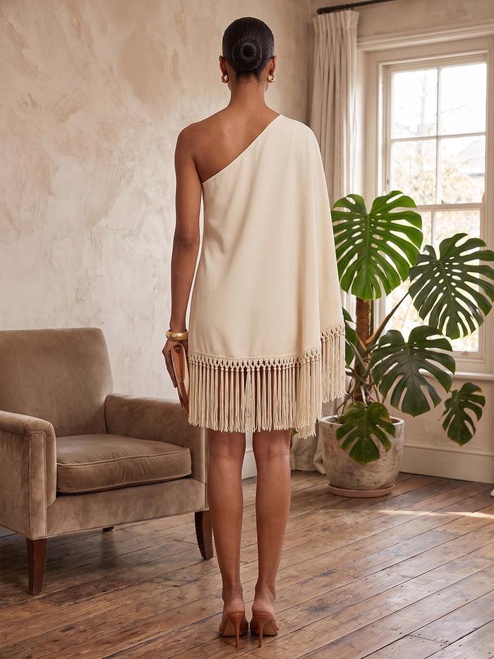 Satin A-Line One Shoulder Midi Formal Dresses with Fringe