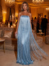 Satin A-Line Strapless Maxi Formal Dresses with Fringe