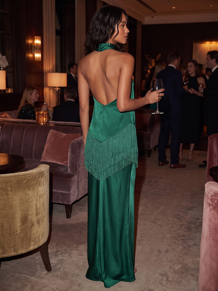 Satin Mermaid Halter Maxi Formal Dresses with Fringe