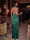 Satin Mermaid Halter Maxi Formal Dresses with Fringe