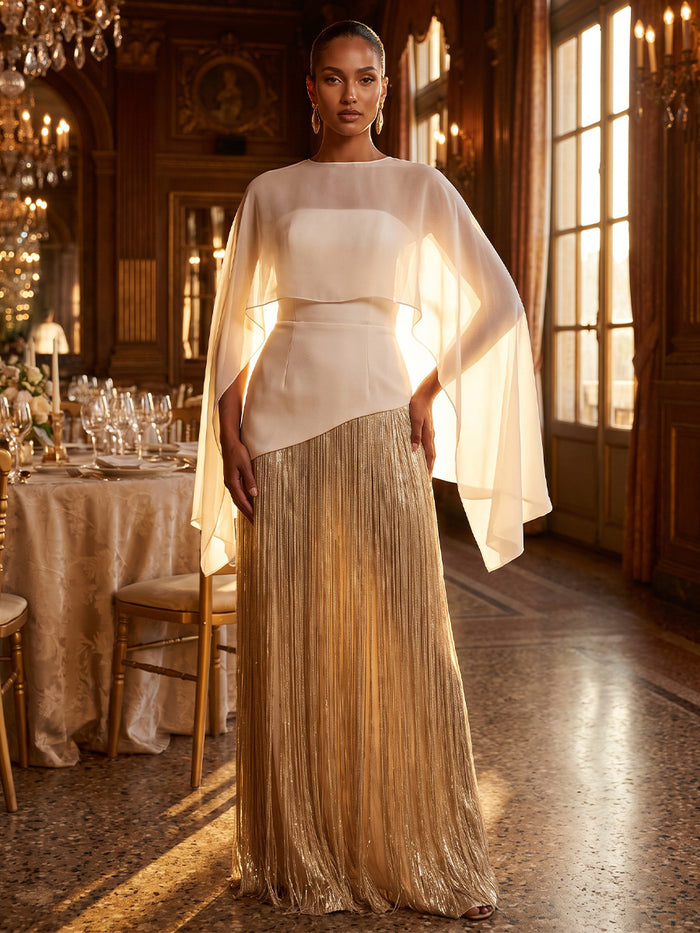 Jersey A-Line Strapless Maxi Formal Dresses with Sheer Chiffon Flowing Cape