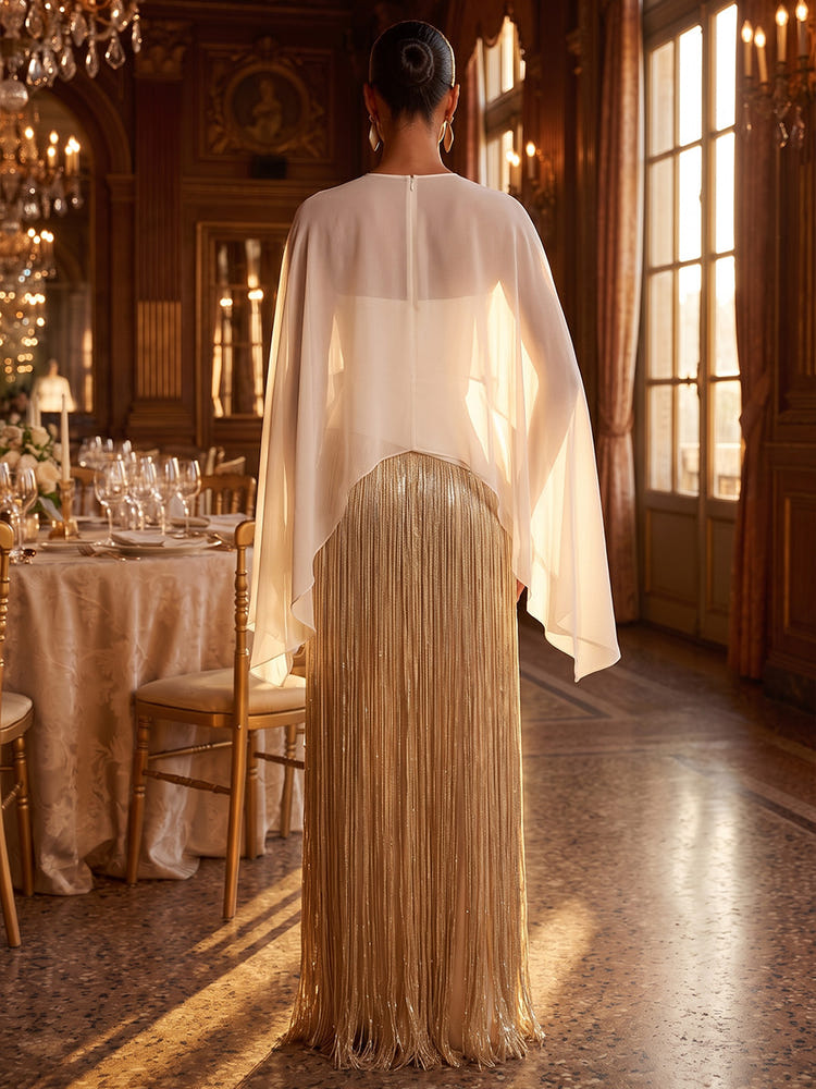 Jersey A-Line Strapless Maxi Formal Dresses with Sheer Chiffon Flowing Cape