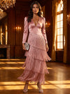Satin A-Line V Neck Maxi Formal Dresses with Fringe